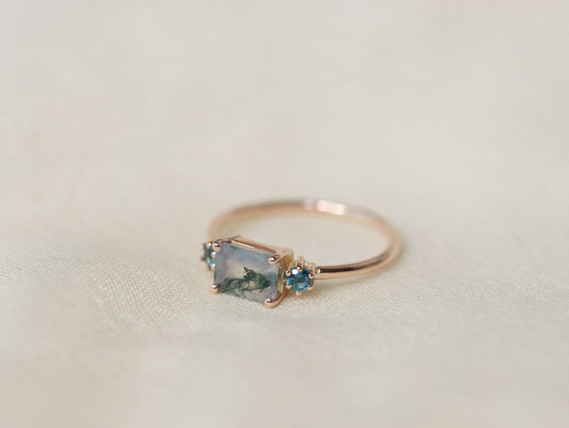 Trilogy Ring with Moss Agate and London Blue Topaz