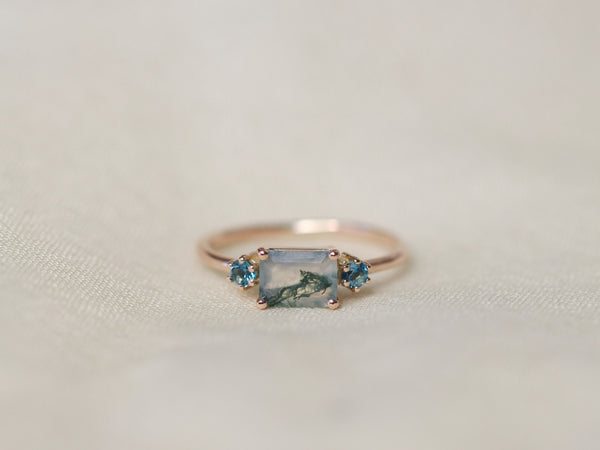 Trilogy Ring with Moss Agate and London Blue Topaz