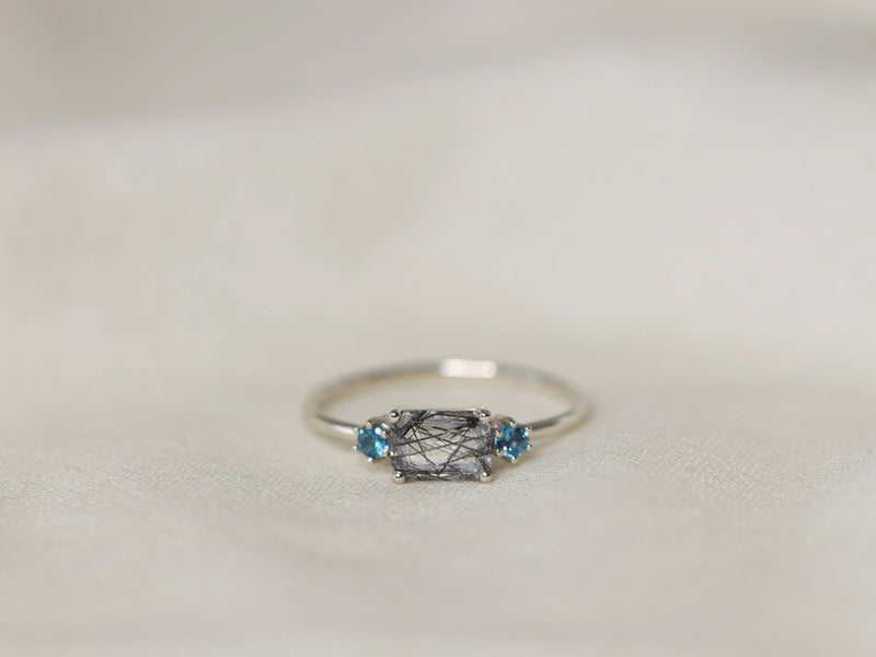 Trilogy Ring with Tourmalinated Quartz and London Blue Topaz
